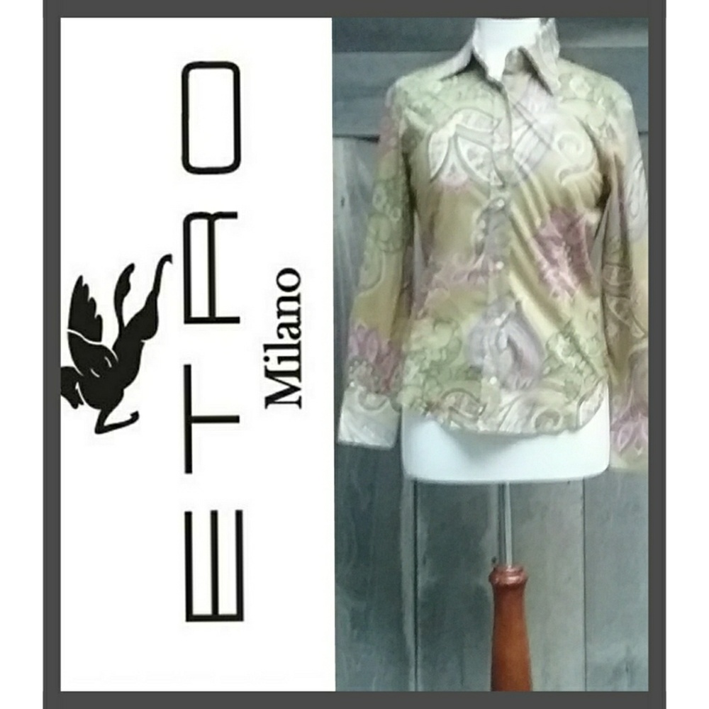 Etro Milano Green Pink Paisley Button Down Shirt